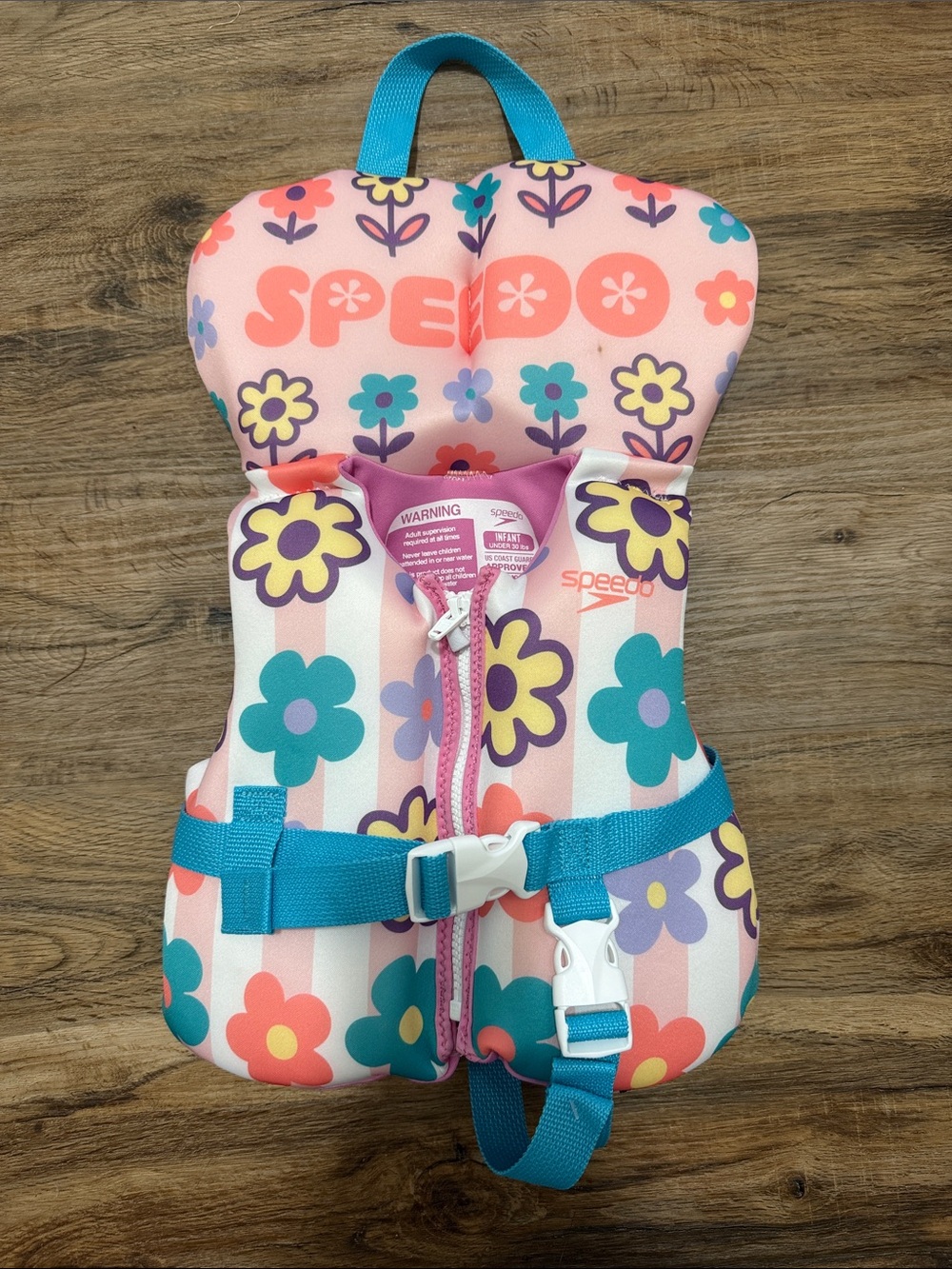 Speedo Infant Pink Floral Swim Life Vest with Teal Straps and head support